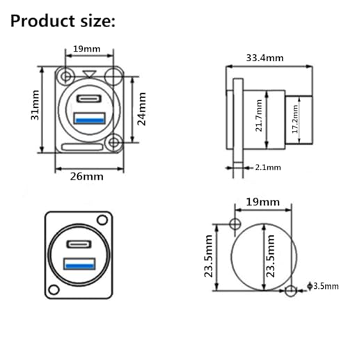 PENGLIN 2PCS Dual USB Panel Mount Adapter, USB-C 3.1 & USB 3.0 Data Socket - color: Black, size: 2PCS