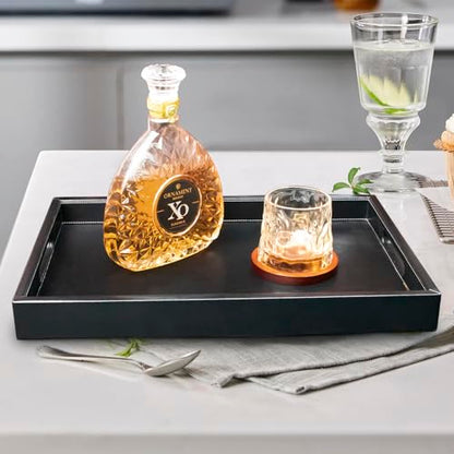 18 x 12 inches Leather Ottoman Serving Tray with Hole Handles, Rectangle Modern Service Tray for Living Room, Coffee Table, Bed, Tea, Food, Butler Countertop, Kitchen, Dinner, Picnic (Black) - color: Black, size: 18" x 12" x 2"