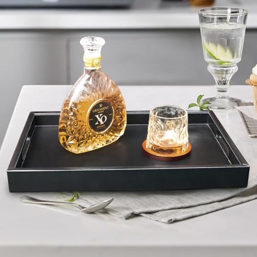 20 x 14 inches Leather Rectangle Serving Tray with Hole Handles,High-End Light Large Service Tray for Ottoman Tray, Tea, Food, Butler - Countertop, Kitchen,Family Dinner, Picnic (Black) - color: Black, size: 20" x 14" x 2"