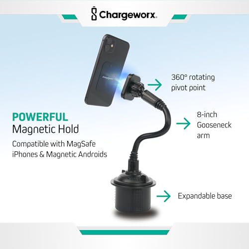 CHARGEWORX Magnetic Cupholder Phone Mount – Universal Car Cell Phone Holder with 360° Adjustable Gooseneck & Twist-Lock Base, Hands-Free Magnetic Mount for iPhone MagSafe & Android - size: No Size