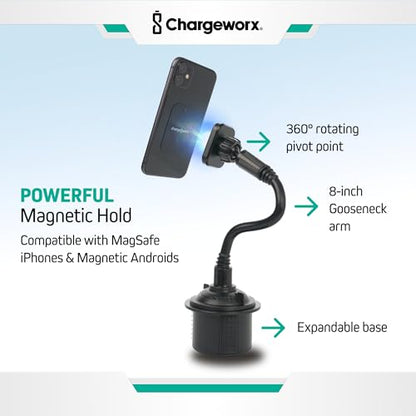 CHARGEWORX Magnetic Cupholder Phone Mount – Universal Car Cell Phone Holder with 360° Adjustable Gooseneck & Twist-Lock Base, Hands-Free Magnetic Mount for iPhone MagSafe & Android - size: No Size