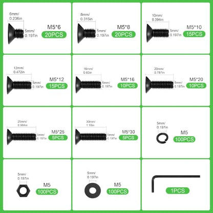 400Pcs M5 Countersunk Flat Head Phillips Machine Screws Assortment Kit, Nuts Washers with Screwdriver, M5x6/8/10/12/16/20/25/30mm for Electronics & Machinery - size: M5-400Pcs