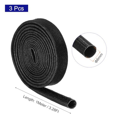 MECCANIXITY 3Pcs Wire Insulation Braid Fire Sleeve,3.28Ft-6mm ID Black, High Temp Silicone Coated Fiberglass Sleeving for Automotive Hose Lines Electrical Wiring - color: Black, size: 3.28Ft-6mm