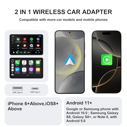 Wireless CarPlay & Android Auto Adapter – 2-in-1 Plug & Play Solution, Converts Wired Systems to Wireless, Compatible with iPhone & Android