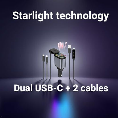 Retractable Fast Car Charger Adapter for Cell Phone USBC 4 in 1 Port Super Fast Charger Retractable USB C Cable Dual Extension Cord Ports Car Cigarette Lighter Adapter Cargador de Carro Carga Rapida