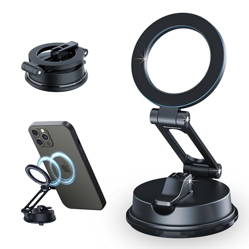 Vacuum Magnetic Car Phone Holder, Magsafe Suction Cup Phone Mount for Car Rv Gym Shower,Metal Arm,360° Rotation,Foldable,Reusable,Dashboard Car Mount for iPhone 17 16 Pro Max 15 14 13 12 Plus Android