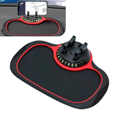 Car Anti-slip Mat Phone Holder, Multi-functional Center Console Storage Mat with Temporary Parking Numbers, 360 Degrees Rotatable Phone Holder, for Phones, Sunglasses, Keys (Black & Red)