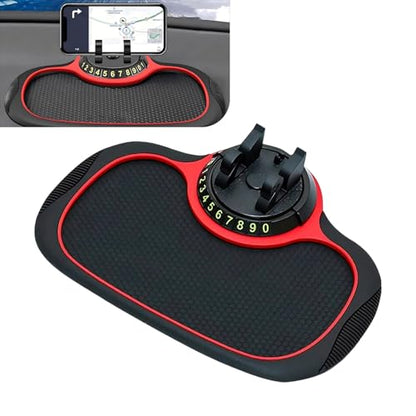 Car Anti-slip Mat Phone Holder, Multi-functional Center Console Storage Mat with Temporary Parking Numbers, 360 Degrees Rotatable Phone Holder, for Phones, Sunglasses, Keys (Black & Red)
