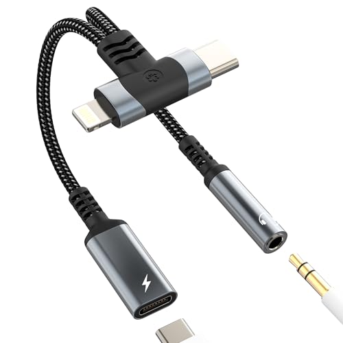 Lightning USB C to 3.5mm Headphone Audio Jack Adapter(2in1)for iPhone 16 15 14 Pro AUX Cable Splitter for Apple Type C Charger Earphone Converter for iPad Compatible for Samsung Android Car Auxiliary