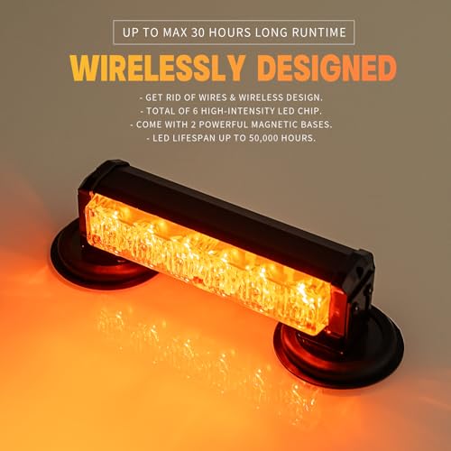 Amber Magnetic Wireless Flashing Strobe Light for Vehicles Trucks Car, Battery Operated Rechargeable LED Safety Beacon Lights, Mini Portable Emergency Warning Light Bar (2-Pcs, 2×8in) - color: 2pcs Amber/Amber