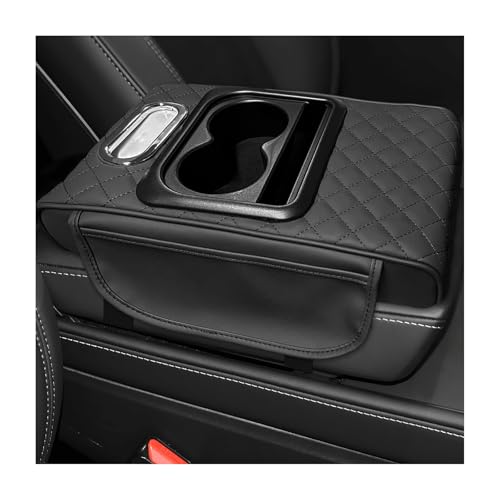Car Center Console Armrest Pillow, 5-in-1 Armrest Cover with 2 Storage Bags Tissue Box Cup & Phone Holder, Comfy Arm Rest Cushion Leather Vehicle Middle Console Organizer (Black, Embroidered) - color: Black, Embroidered