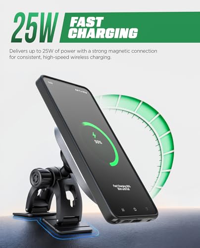 Galvanox Magnetic Wireless Car Charger Mount for Samsung Galaxy Phones, 25W Fast Charging (Compatible with MagSafe), Dashboard & Vent Phone Holder with 45W USB-C Adapter