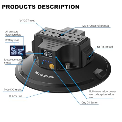 4.5" Electric Camera Suction Cup Mount with Ball Head Arm & Adapter, Heavy-Duty Metal Car Mount for Camera/Action Camera/Phone, 50KG Suction for Car Windshield/Boat/Window, 1/4" 3/8" Threads - size: 4.5 inch