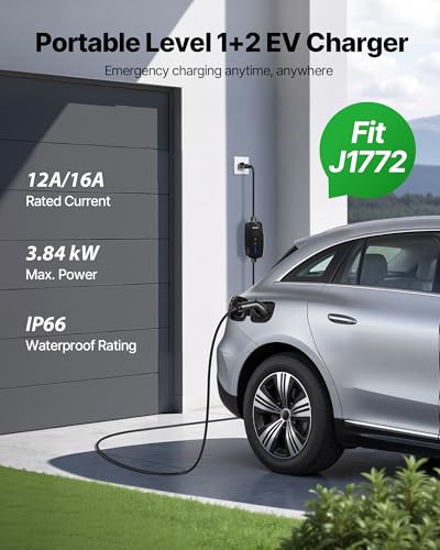 VEVOR Level 1 & Level 2 EV Charger, 16 Amp Portable Electric Vehicle Charger with 25 ft Cable, NEMA 6-20P Plug & 5-15 Adapter, J1772 Home Charging Station, LCD Display, IP66 Weatherproof
