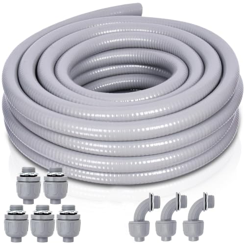 Liquid-Tight Conduit and Connector Kit - 1/2 Inch 25 FT Non Metallic Liquid Tight Electrical Conduit with 5 Straight and 5 Angle Fittings - size: 1/2inch 25 Ft