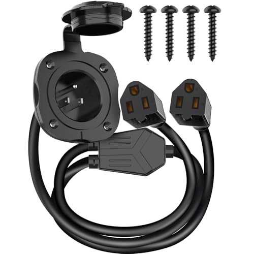BEBOBLY 15 Amp AC Port Plug, 125V Power Inlet Socket with Waterproof Cover & Integrated Dual 18" Extension Cord, 2 Pole 3-Wire NEMA 5-15 Flanged Generator Inlet Plug for RV Boat Electrical Connections - color: 15 Amp AC Port Plug