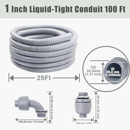 1 Inch 25 FT Non Metallic Liquid-Tight Conduit and Connector Kit - Includes 5 Straight and 4 Angle Fittings for Electrical Wiring - size: 1 Inch 25 Ft