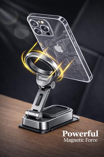 Trusmi Magnetic Car Phone Holder, Dashboard Mount Compatible with MagSafe, 360° Foldable Adhesive Car Phone Mount with Metal Plate, for iPhone 17/16/15/14/13/12, Samsung Galaxy S26/S25/S24, Pixel etc