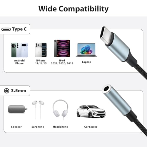 FosPower USB C to 3.5mm Male to Female Audio AUX Braided Adapter Cable (6") - style: 1 Pack