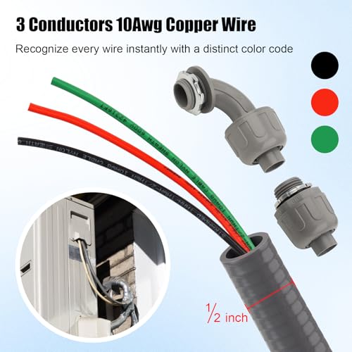 1/2Inch Power Whips Assembly, 12FT Nonmetallic Liquid Tight Flexible Conduit Wire with 3 Conductors 10 Gauge THHN Electrical Wires, A/C Hook-up Whip Kit Electrical Wire(12FTx1/2Inch) - color: Teminal, size: 12FT