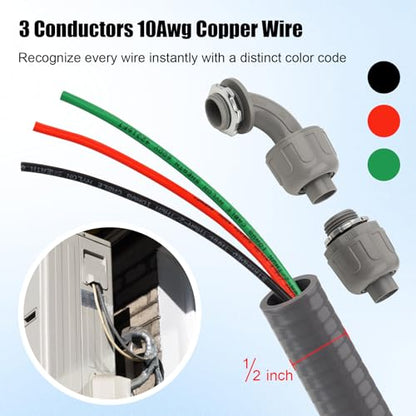 1/2Inch Power Whips Assembly, 12FT Nonmetallic Liquid Tight Flexible Conduit Wire with 3 Conductors 10 Gauge THHN Electrical Wires, A/C Hook-up Whip Kit Electrical Wire(12FTx1/2Inch) - color: Teminal, size: 12FT