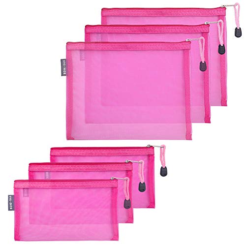 HRX Package 6pcs Mesh Makeup Bags for Travel, 2 Sizes A5 A6 (Hot Pink) - color: Hot Pink, size: A5, A6