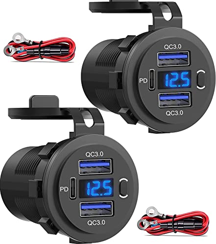 2 Pack 12V USB Outlet, QC3.0 & PD Dual Car Charger with Voltmeter & Switch - color: 2QC+1PD