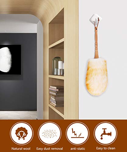 Lambswool Duster with Solid Wooden Handle,Leather Hang Strap,18.9 inch Long,Natural Feather Duster for Cleaning Ceiling Fans,Window Blinds,Computer Screens,Bookshelves etc