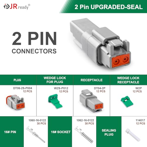 JRready 120 Pcs 2 Pin Deutsch DT Connector Kit 12 Sets, Gray Waterproof Wire Connectors, Size 16 Contacts with Tin-Plated Wire Barrels, Seal Plugs, 14-18 AWG for Car Truck Marine Wiring - size: 2-Pin (12 Pairs)