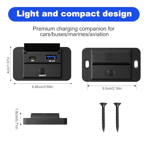 12V Flush Mount USB Charger with Power Switch, Multi-Port Car Charger for RV, Boat, Car, Bus, ATV, Motorcycle - Panel Mount Charging Accessories (PD+QC)
