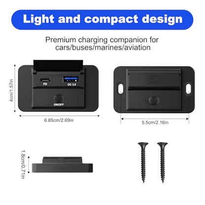 12V Flush Mount USB Charger with Power Switch, Multi-Port Car Charger for RV, Boat, Car, Bus, ATV, Motorcycle - Panel Mount Charging Accessories (PD+QC)
