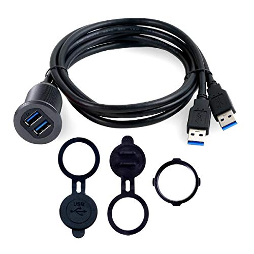 3.3ft Dual Ports USB 3.0 Flush Mount Cable, USB 2 Ports Male to 2 Ports Female Extender Dashboard Panel Mount Extension Cord for Car Truck Boat Motorcycle, Gray Metal Shell, LED Light