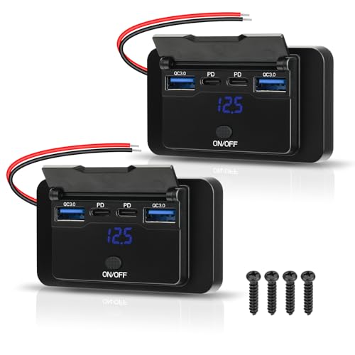 2 Pack 78W 12V USB Outlet Panel Wall Mount with Blue Voltmeter Dual 36W PD & Dual 18W QC3.0 Car USB Port Lightweight 12V USB Charger with ON/Off Switch - size: Pack of 2 with 4 Port / 78W