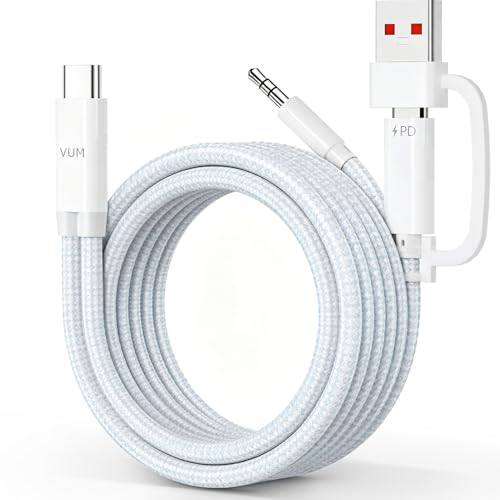 VUM USB-C to AUX Cable with PD Charging for Car, Headphones, Speakers 4ft - color: White & Blue Weaving - Rechargeable, size: 4 ft