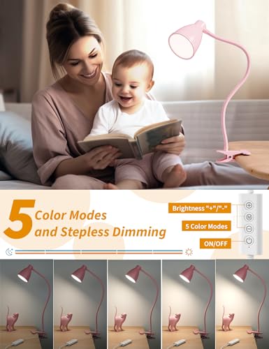 BOHON Cute Desk Lamp with Clamp Clip on Light, 5 Color 10 Brightness, Pink - color: Pink