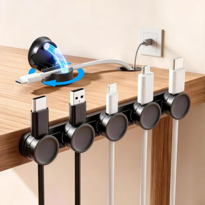 5 in 1 Magnetic Cord Organizer Set + 1 * 360°Rotating Cable Clips [ 1S Lock & Cable Smooth Adjustable] Strong Adhesive Cord Holder for Car Office Desk Cable Management, Desk Accessories for Men Women