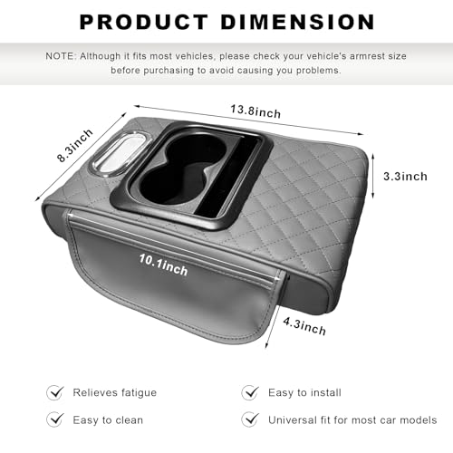 Car Center Console Armrest Pillow, 5-in-1 Armrest Cover with 2 Storage Bags Tissue Box Cup & Phone Holder, Comfy Arm Rest Cushion Leather Vehicle Middle Console Organizer (Gray, Embroidered) - color: Gray, Embroidered