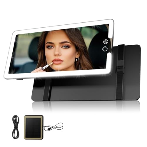 Sun Visor Vanity Mirror, LED Dimmable Car Mirror with 3 Light Modes, Easy to Install & Equip Strap Mounting, for Women's Makeup, Women's First Choice (solar car sun visor) - color: Black, size: (1pcs-Solar Powered)
