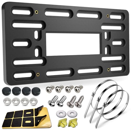 BGGTMO License Plate Bracket Holder- Front License Plate Mounting Kit, Universal Bumper Car Tag Frame Mount Adapter with Stainless Steel Screw Cap, Cable Ties - color: Black - 4 Holes