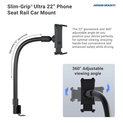 Arkon Mounts - Car Seat Rail Phone or Tablet Mount | Flexible Positioning | 22" Gooseneck | 360° Adjustability | Tablet Holder fits iPhone, Galaxy, Note and more | Up to 8" Screen Size