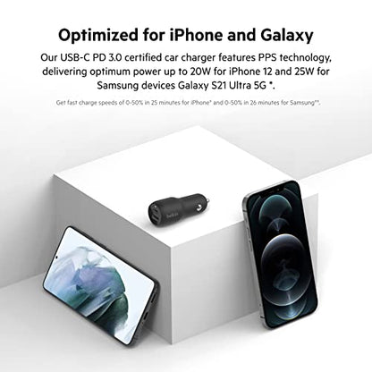 Belkin 37W Dual Port Fast Car Charger with 3.3ft USB-C Cable Included, USB-C 25W PPS Port and USB-A 12W Port for Galaxy S23, S23+, Ultra, Note20, iPhone 14, 13, 12, 11, Pro, Max, Mini and More - size: Pack of 1, style: Dual USB-A & C 37W + USB-C Cable