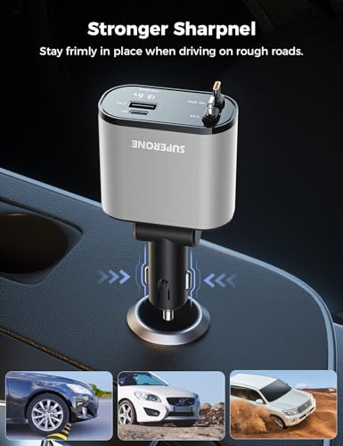 SUPERONE Retractable Car Charger 4 in 1 Fast Car Phone Charger, Silver - color: Silver