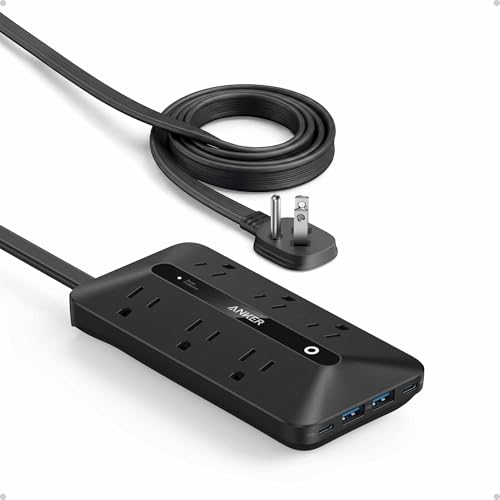 Anker Power Strip with 300J Surge Protector, 10ft Outlet Extender, 20W, 6AC - color: Black, size: 10FT