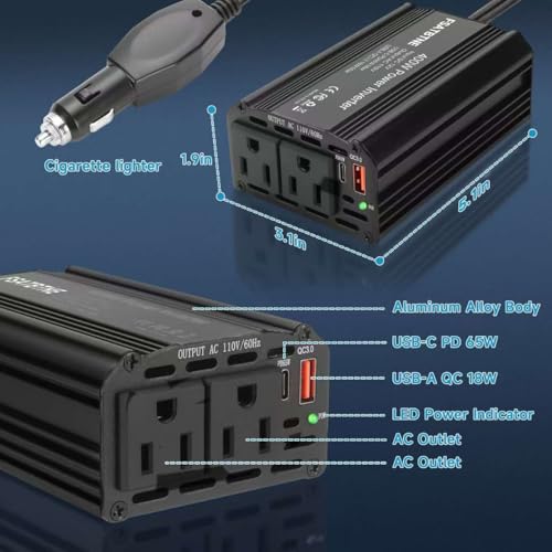 400W Power Inverter, FSATBTNE DC 12V to 110V AC Car Plug Adapter Outlet Converter with [65W PD USB-C] & [18W QC USB-A] Fast Charging Ports and 2 AC Outlets Car Power Inverters for Vehicles Black - color: Black