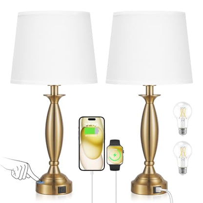 Bedroom Lamps for Nightstand, 3 Way Dimmable Gold Bedside Lamps with USB - color: K. White Shade & Gold Base, size: Medium（22.5 In）