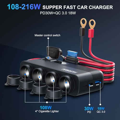 12V Socket Power Outlet + Magsafe Car Mount Charger,10FT Cable 24V 216W Multi Port Outlet, 15W Wireless Car Cigarette Lighter Phone Charger
