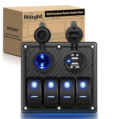 Nilight 4 Gang Rocker Switch Panel SPST On Off 5PIN Electrical Toggle Blue - color: Blue, size: 4+2 Gang Dual USB