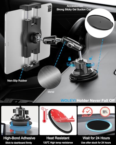 Tablet Holder for Car Truck - [Strong Suction Cup] Heavy Duty Dashboard Windshield Tablet Mount for Car with Adjustable Metal Arm for 4.7-13" iPad Pro Air Mini, Galaxy Tab, Z Fold, Fire, iPhone