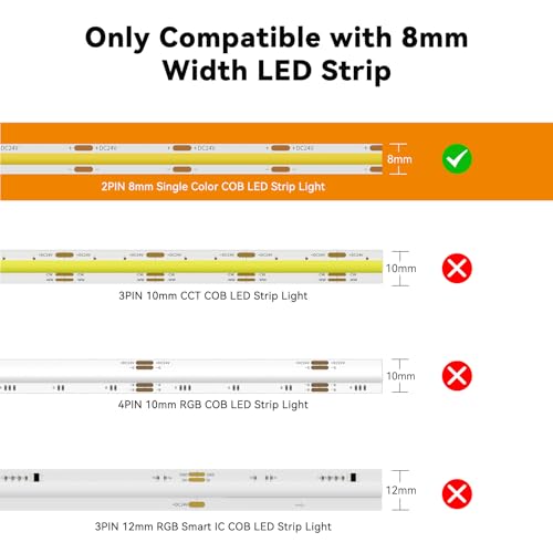 PAUTIX 8pcs 2-Pin 8mm COB LED Strip to Wire Connector Unwired Clips Solderless Adapter Terminal Extension Connection,4pcs L-Shaped Connectors for LED Strip Lights 12V 24V (Pack of 12) - size: 8 Strip to Wire + 4 L-Shaped(8mm)