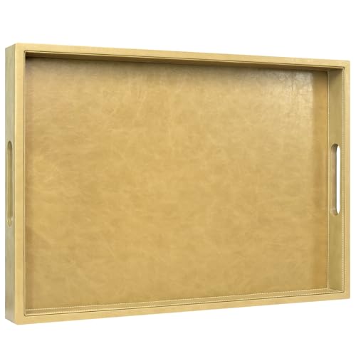 20 x 14 inches Leather Rectangle Serving Tray with Hole Handles,High-End Light Large Service Tray for Ottoman Tray, Tea, Food, Butler - Countertop, Kitchen,Family Dinner, Picnic (Brown) - color: Brown, size: 20" x 14" x 2"